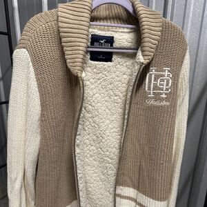 Hollister Monogram Logo Sherpa Lined Shawl Collar Full-Zip Knit Cardigan